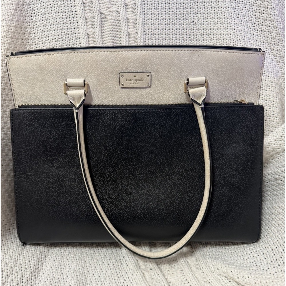Kate Spade Black White Structured‎ Tote Shoulder Bag Leather Purse Large